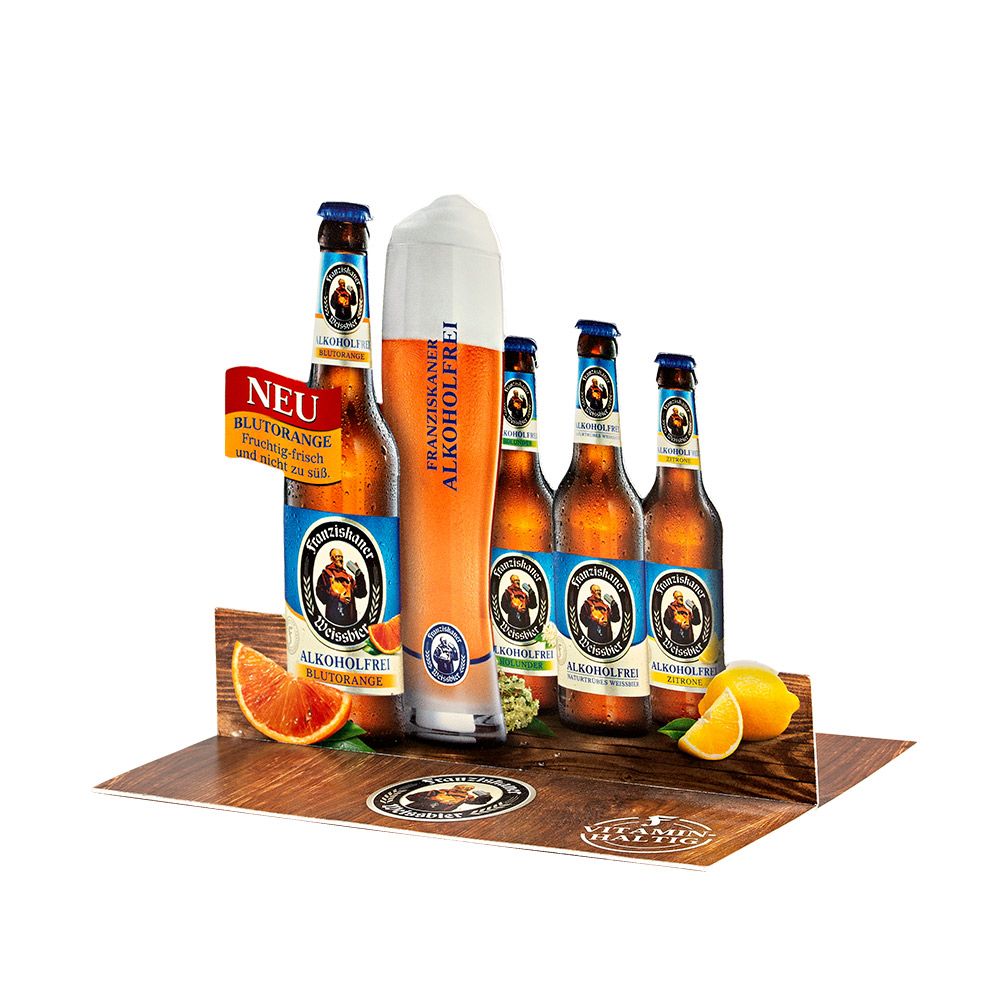Konturdisplay til ølflasker og -glas som et selvklæbende borddisplay
